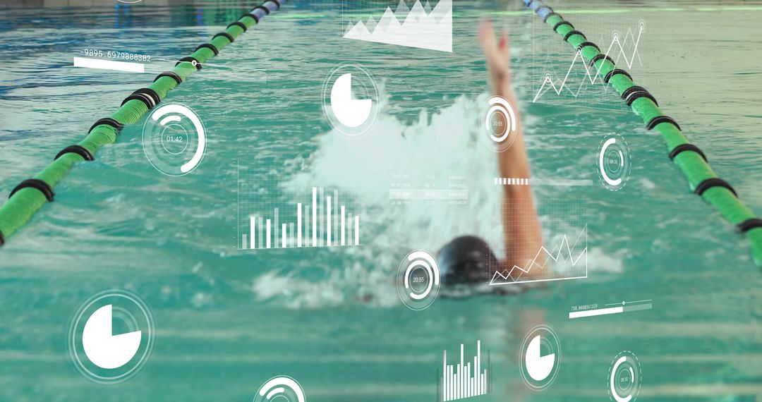 Athletic Female Swimmer Analyzing Performance with Data Metrics Overlay