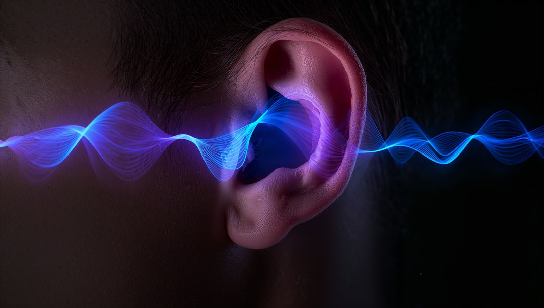 Neon Sound Wave Entering Human Ear Visualizing Hearing, Audio Technology and Auditory Health