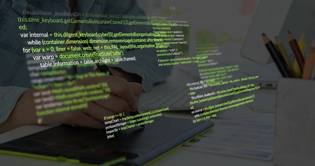 Editing with stylus on graphics tablet and floating code overlay, modern minimalist desk