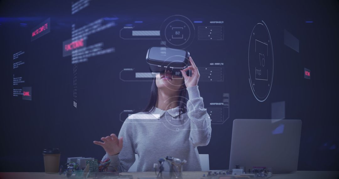 Woman Experiencing Virtual Reality Technology Inside Futuristic Workplace