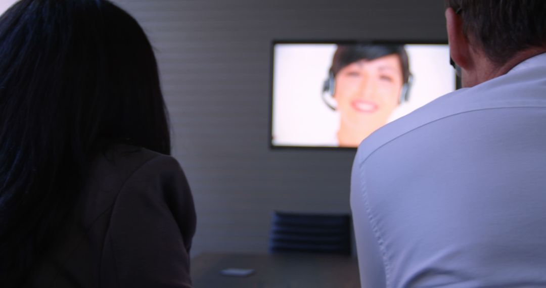 People Viewing Presenter on Television Screen in Modern Setting
