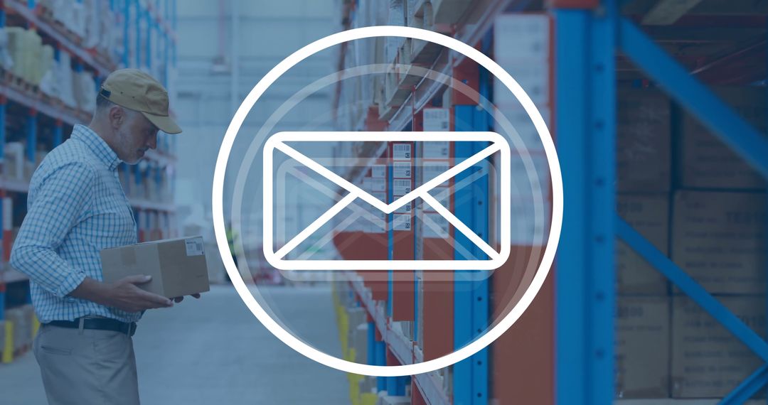 Warehouse Worker Holding Package with Email Icon Overlay