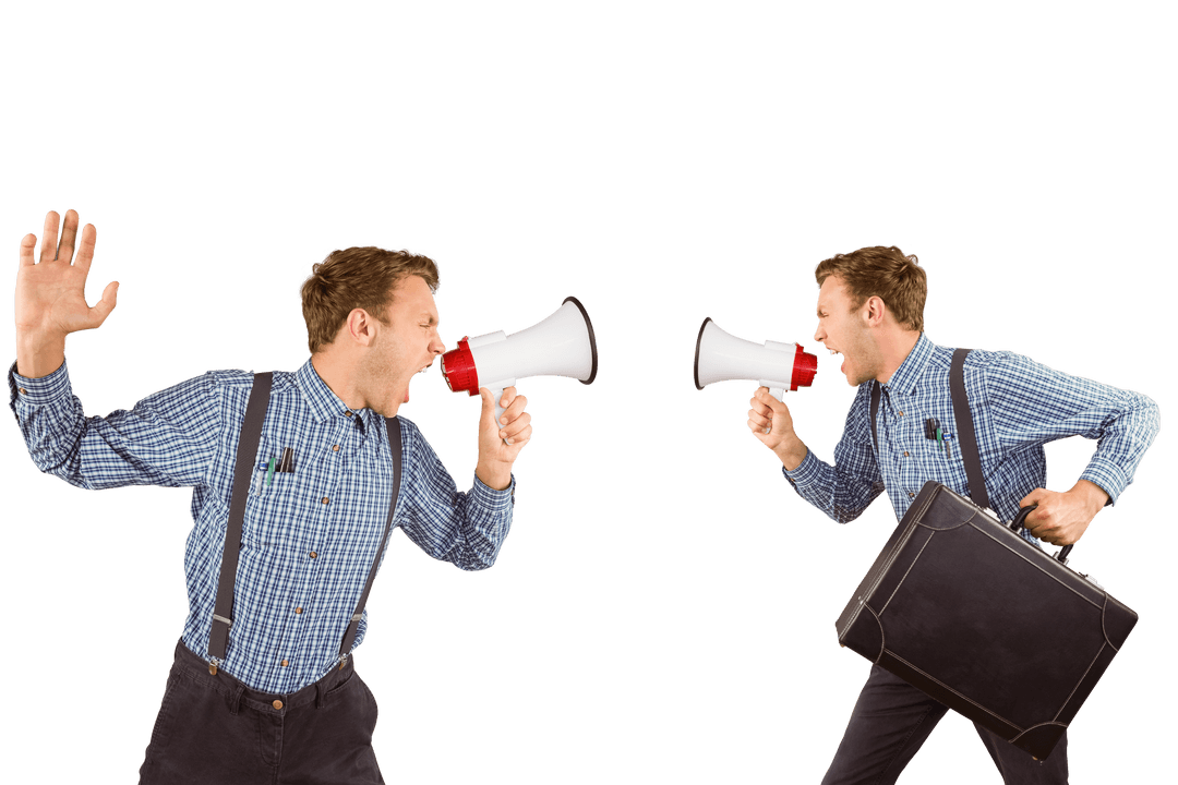 Transparent Duplicated Man Shouting Through Megaphone with Emphatic Gestures