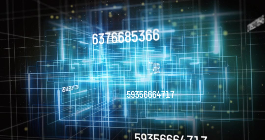 Glowing 3D Data Grid with Floating Numeric Strings and Futuristic Teal Network Lattice