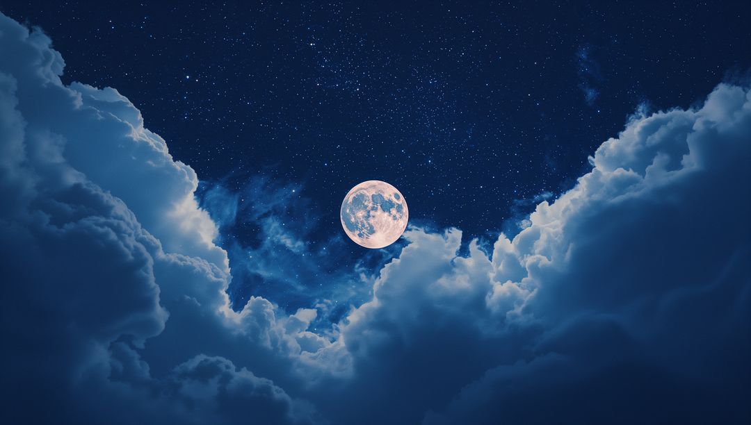 Illuminating Full Moon in Starry Night Sky with Glowing Clouds