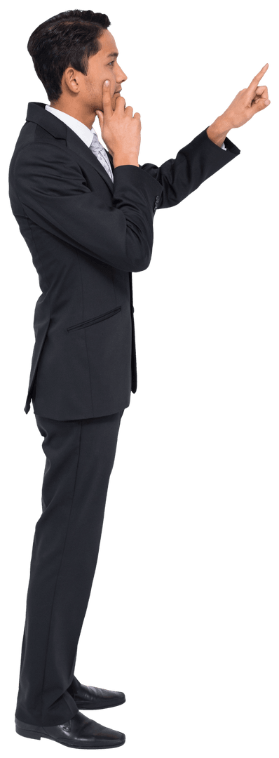 Thoughtful Businessman pointing with Finger on Transparent Background
