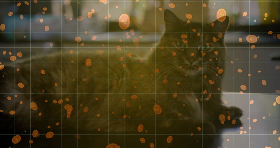 Long-Haired Cat Relaxing on Countertop with Digital Coin Art Overlay