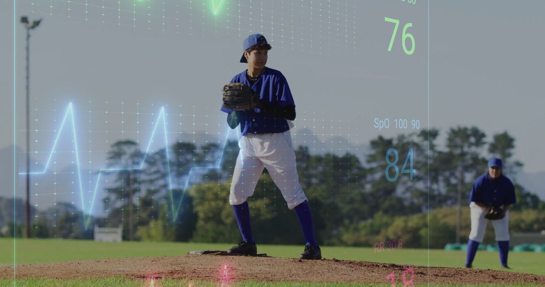 Female Pitcher Analyzing Biometric Performance on Baseball Field