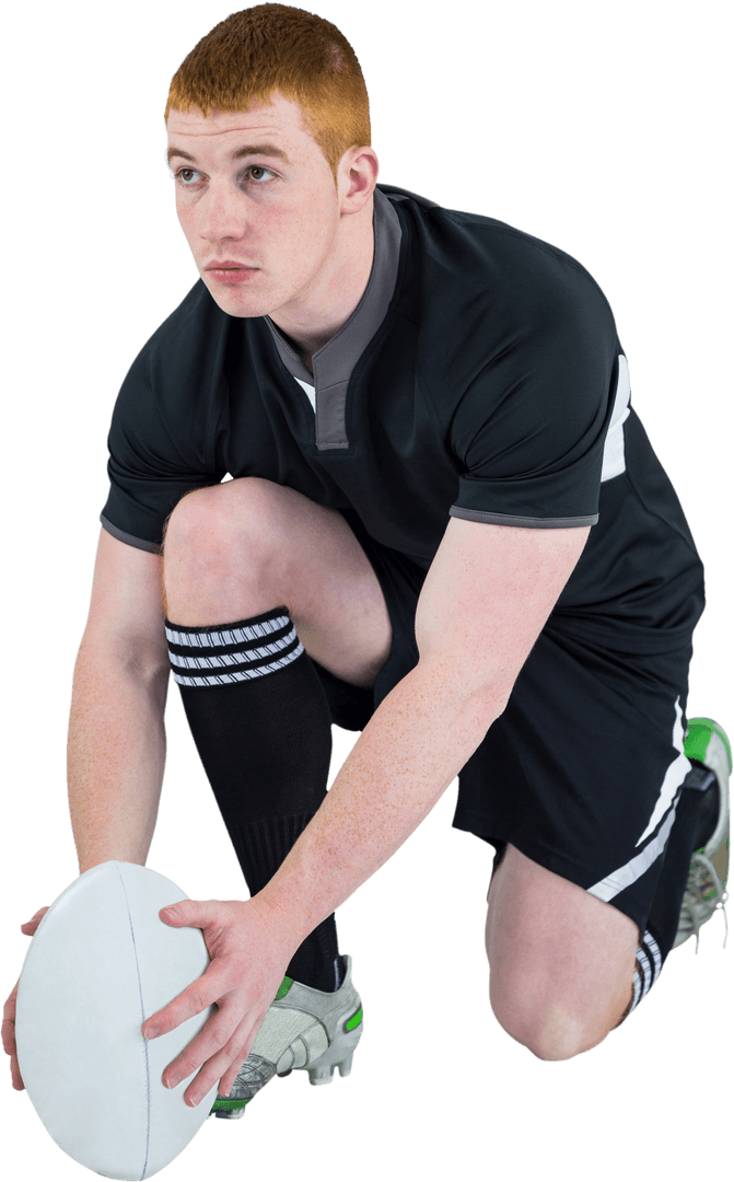 Focused Rugby Player Preparing for Drop Kick Transparent Background
