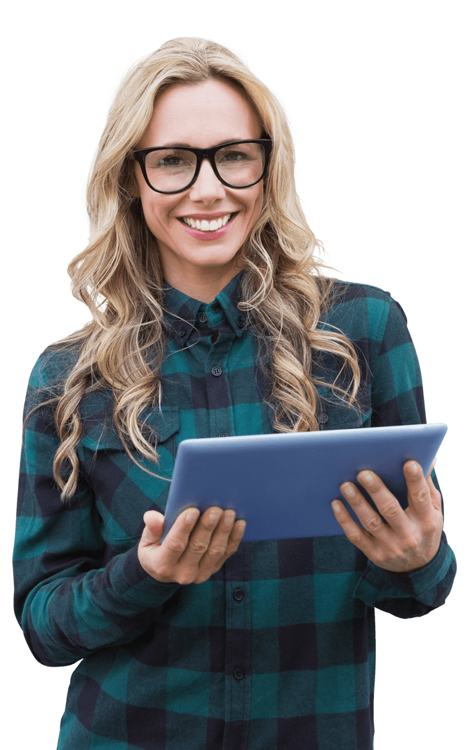 Caucasian Woman Smiling with Tablet on Transparent Background