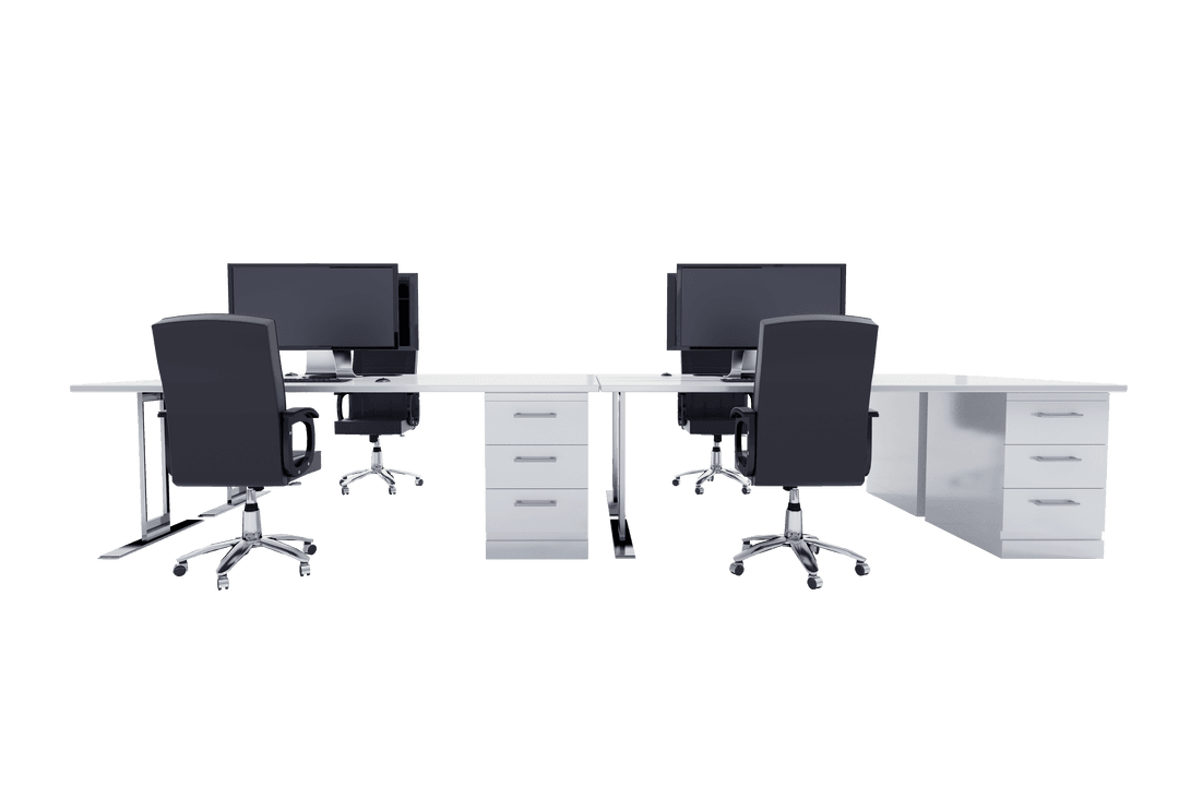 Transparent Office Desk Setup with Computers and Chairs