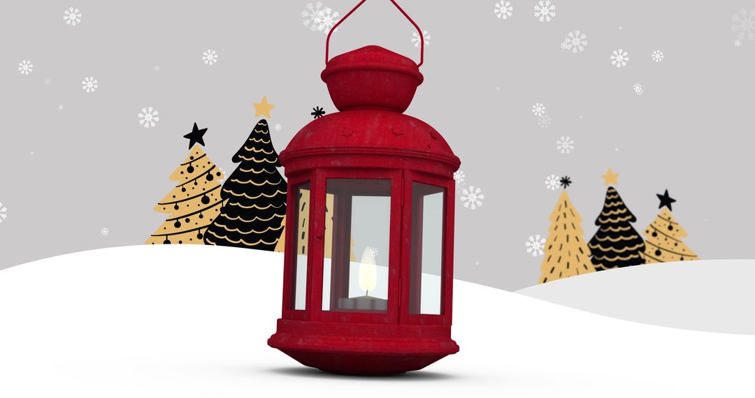 Red Lantern with Snowfall and Festive Christmas Trees