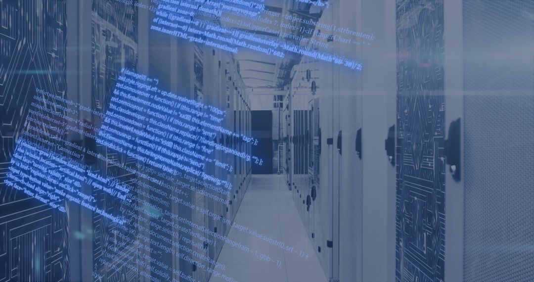 Data Flow Amidst High-Tech Server Racks in Datacenter