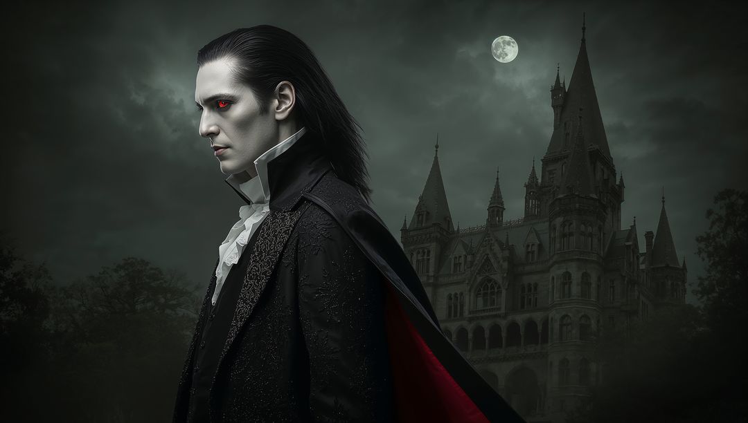 Mysterious Vampire in Gothic Setting with Full Moon