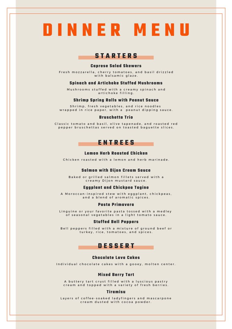 Elegant Classic Dinner Menu Template with Starters, Entrees, and Desserts - Download Free Stock Templates Pikwizard.com