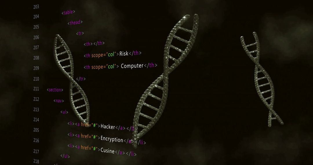 Floating Metallic DNA Double Helix in Dark Smoke with Glowing Code Column, Futuristic