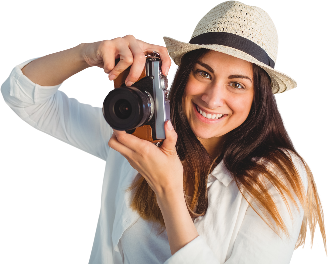 Smiling Young Woman in Hat Holding Camera — Transparent Background - Download Free Stock Images Pikwizard.com