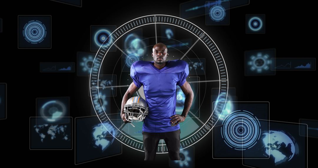 Athletic Rugby Player with Virtual Interface Background
