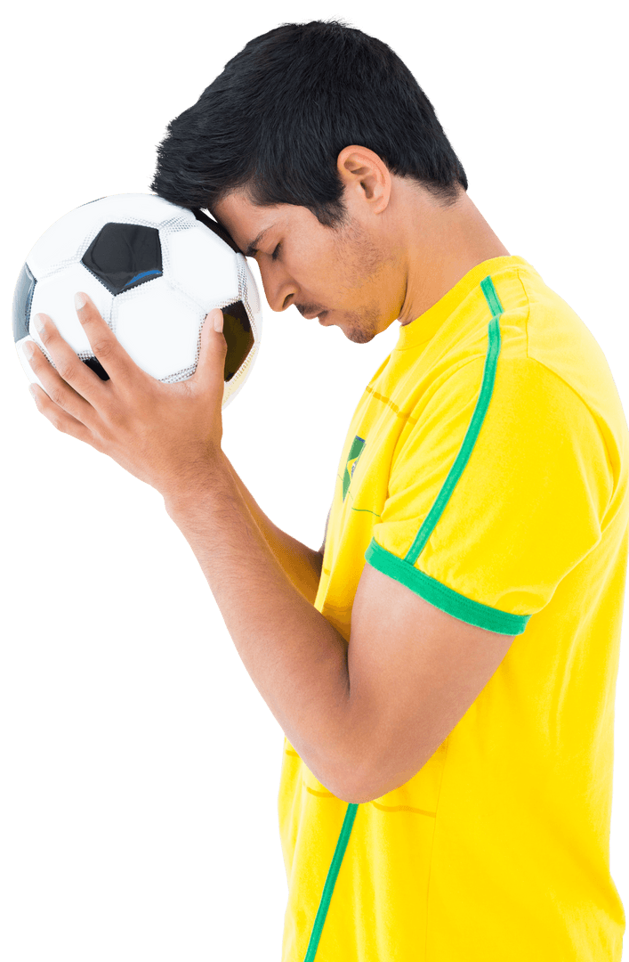 Soccer Player Displaying Emotional Connection with Ball on Transparent Background