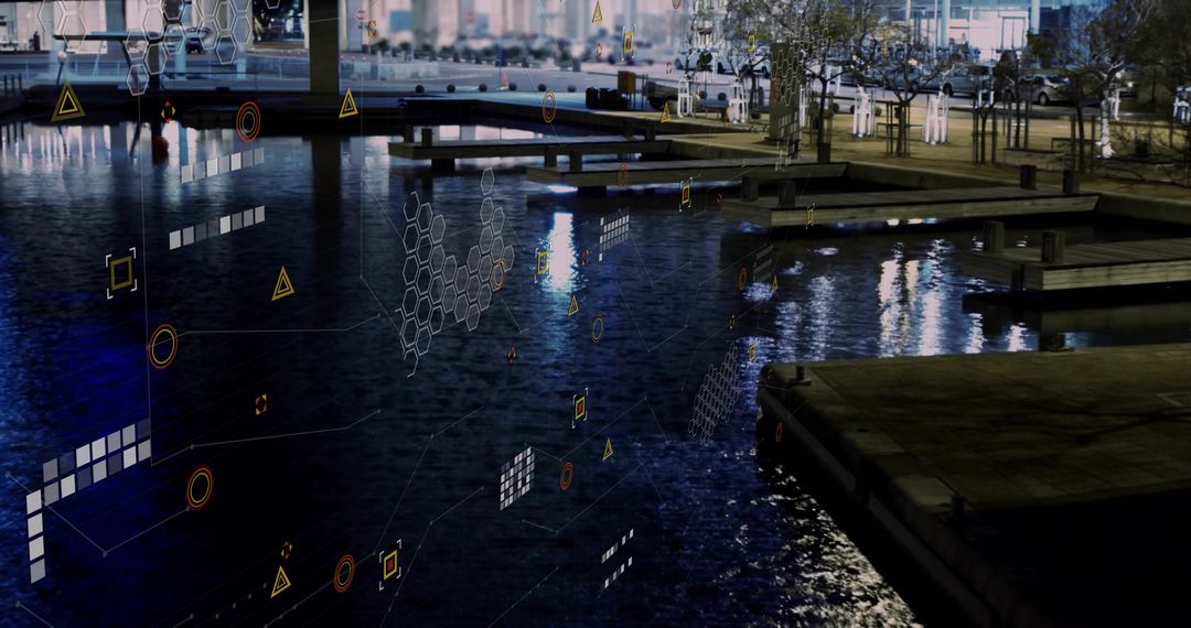 Futuristic Geometric UI Overlays at Nighttime Urban Pier