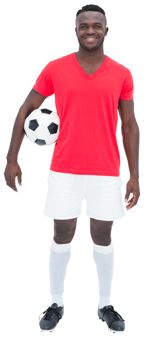 Smiling Football Player Holding Soccer Ball on Transparent Background