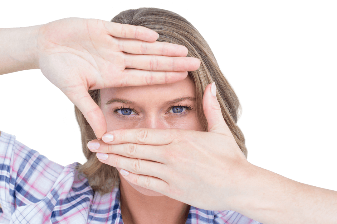 Transparent Energetic Woman Framing with Hands Enthusiastically