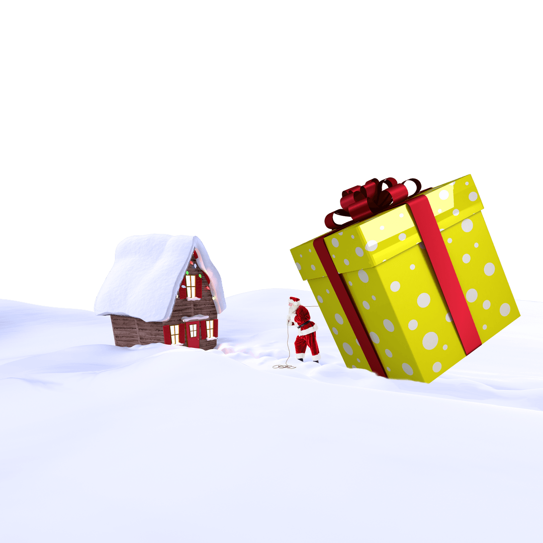 Santa Delivering Enormous Yellow Gift in Snow Transparent Background