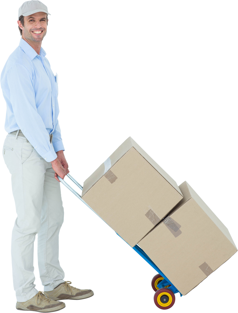 Transparent Background Delivery Man Pushing Cargo Trolley - Download Free Stock Images Pikwizard.com