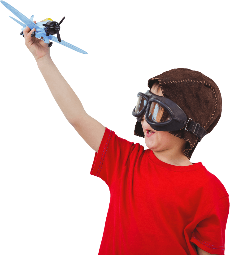 Transparent Image of Boy Playing with Toy Airplane in Aviator Cap