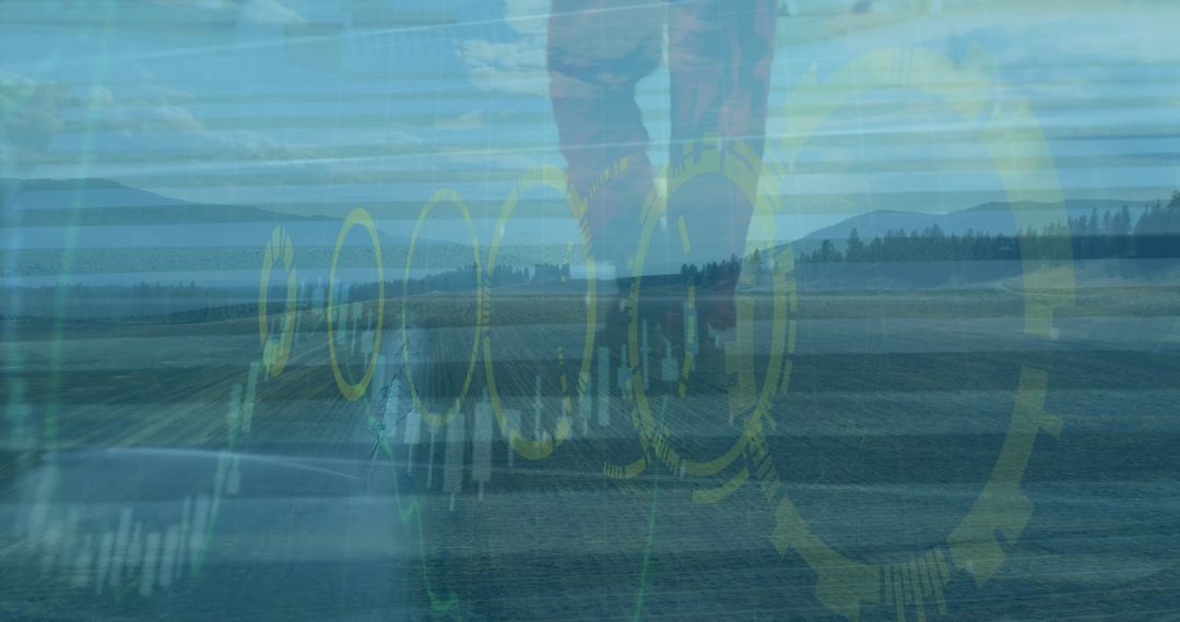 Digital Data Overlay on Serene Landscape with Walking Figures