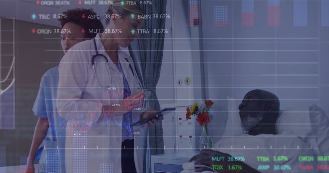 Doctor Examining Patient With Overlay of Market Data and Trend Graphs