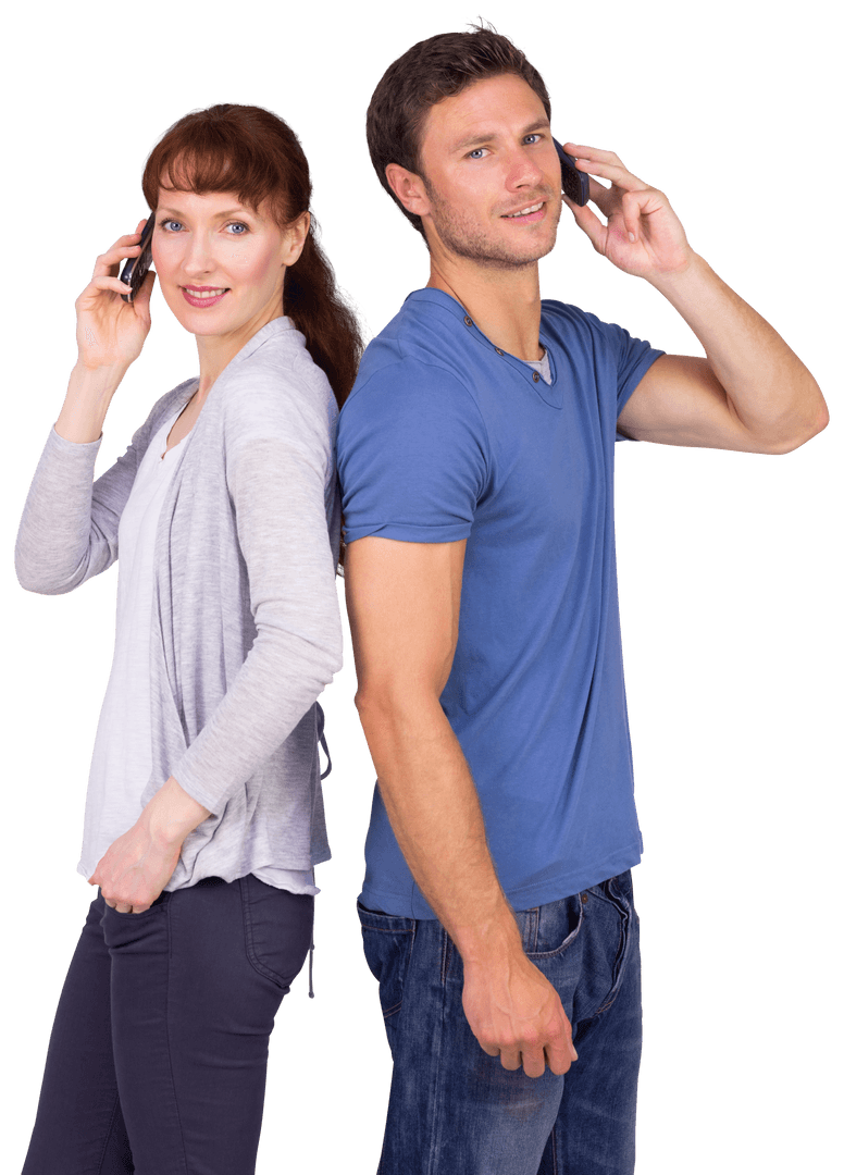 Smiling Couple Having Back-to-Back Phone Conversations Transparent Background
