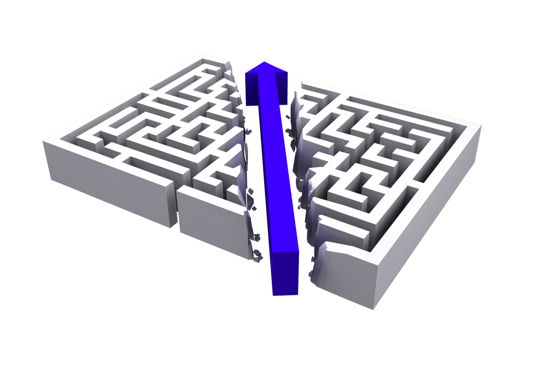 Blue Arrow Dissecting Labyrinth on Transparent Background
