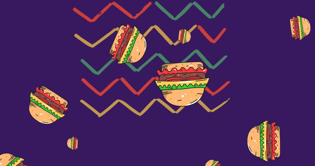 Playful Hamburger Pattern with Vibrant Zigzag on Purple Background