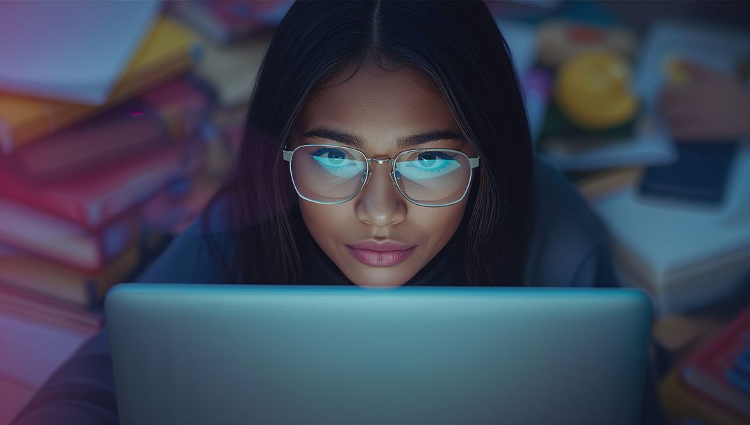Focused Woman with Glasses Studying in Dim Home Office