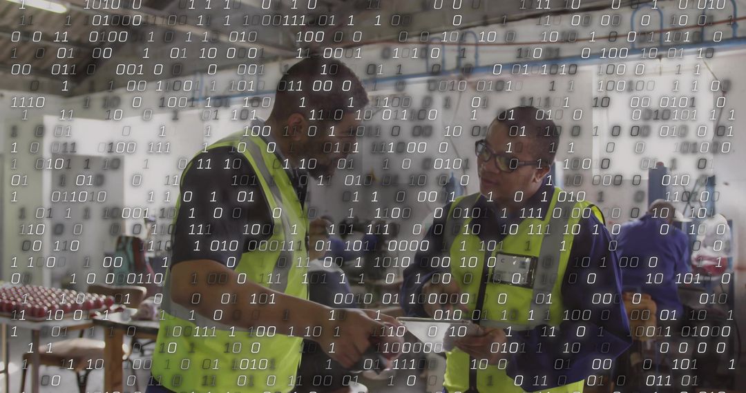 Workers Reviewing Digital Checklist in Aircraft Hangar with Binary Code Overlay