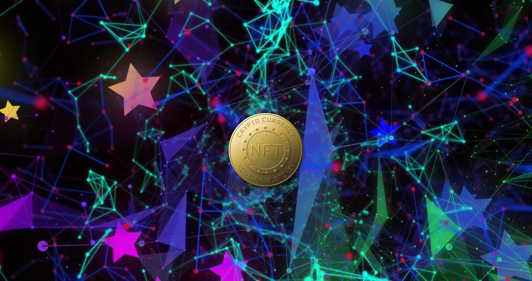 NFT Coin with Abstract Neon Network and Stars Concept