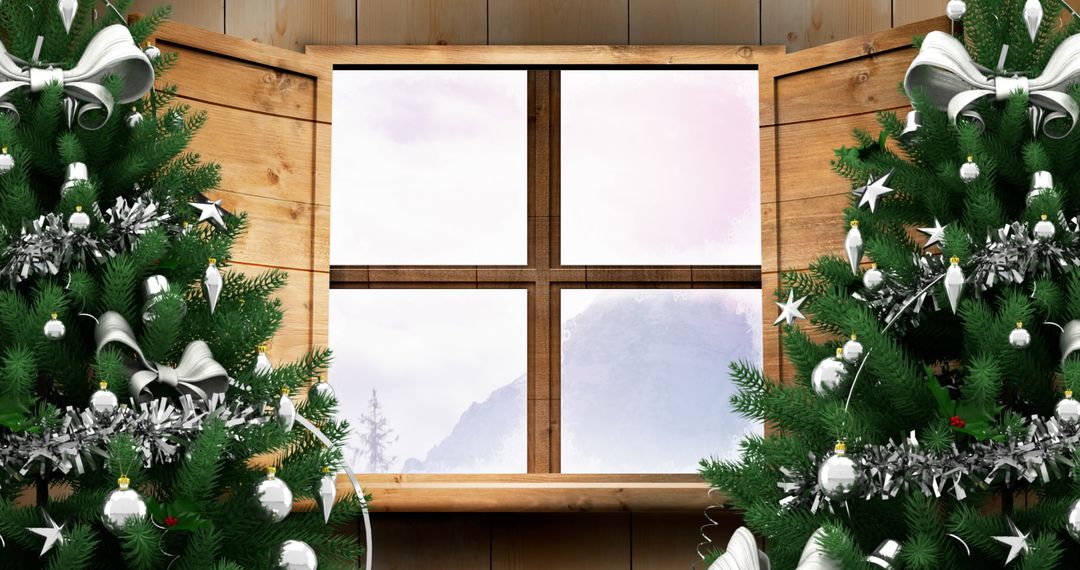 Festive Christmas Trees Framing Cozy Wooden Cabin Window - Free Images, Stock Photos and Pictures on Pikwizard.com