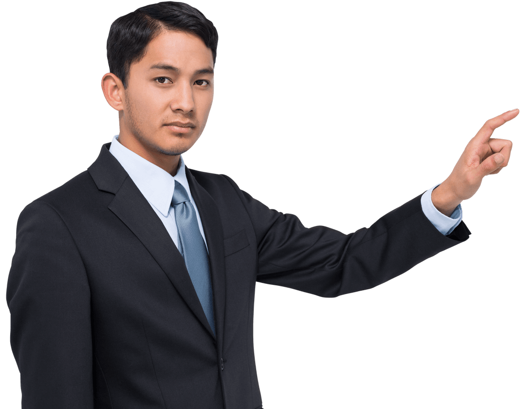 Focused Biracial Businessman in Suit Pointing on Transparent Background