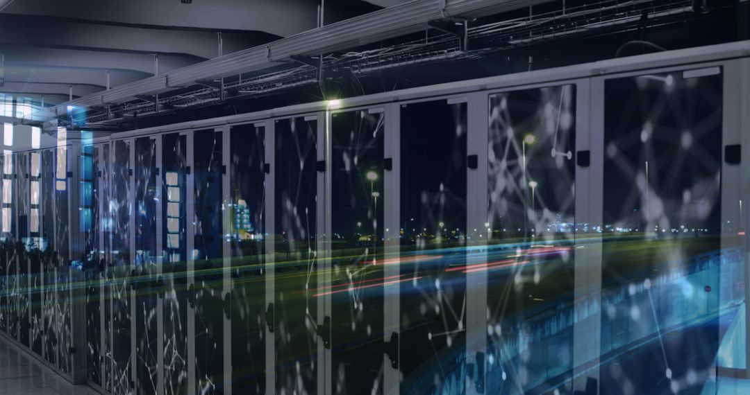 Digital Network Interconnections in Modern Server Room at Night