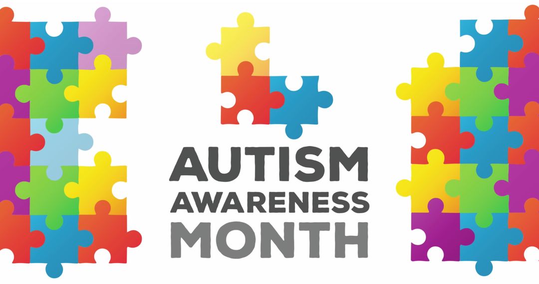 Autism Awareness Month Text with Colorful Puzzle Pieces