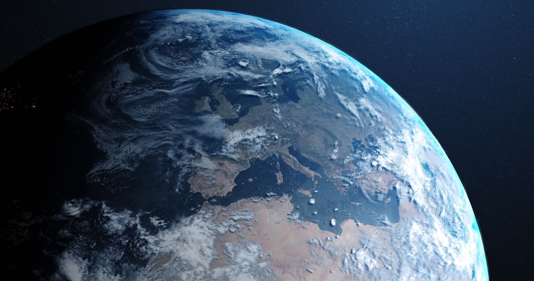 Satellite View of Earth With Sunlit Europe From Space