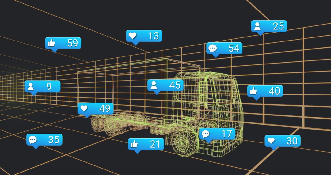 Neon Wireframe Truck Model with Social Media Reaction Icons