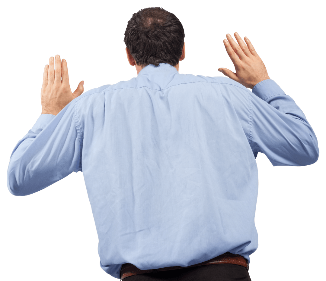 Businessman Turned Away with Raised Hands on Transparent Background