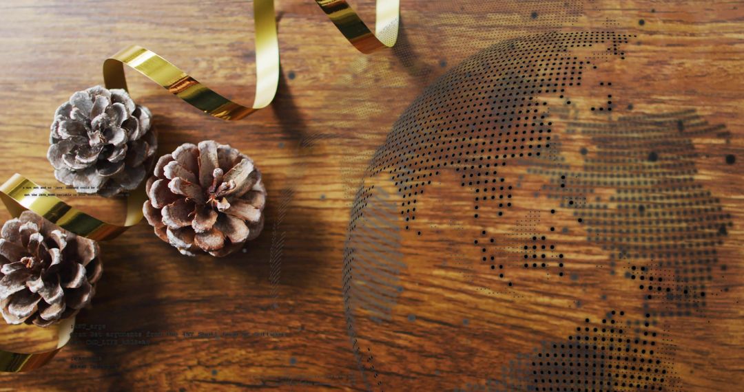 Frosted pine cones with metallic gold ribbon on rustic wooden table with dotted globe