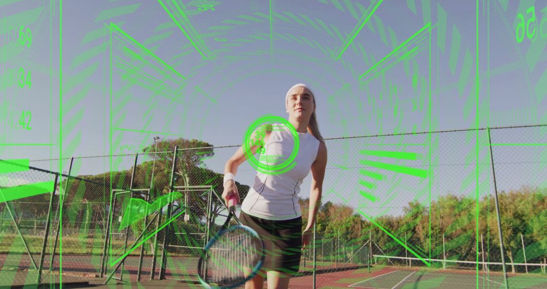 Tennis Player Swinging Racket with Futuristic Green HUD Overlay