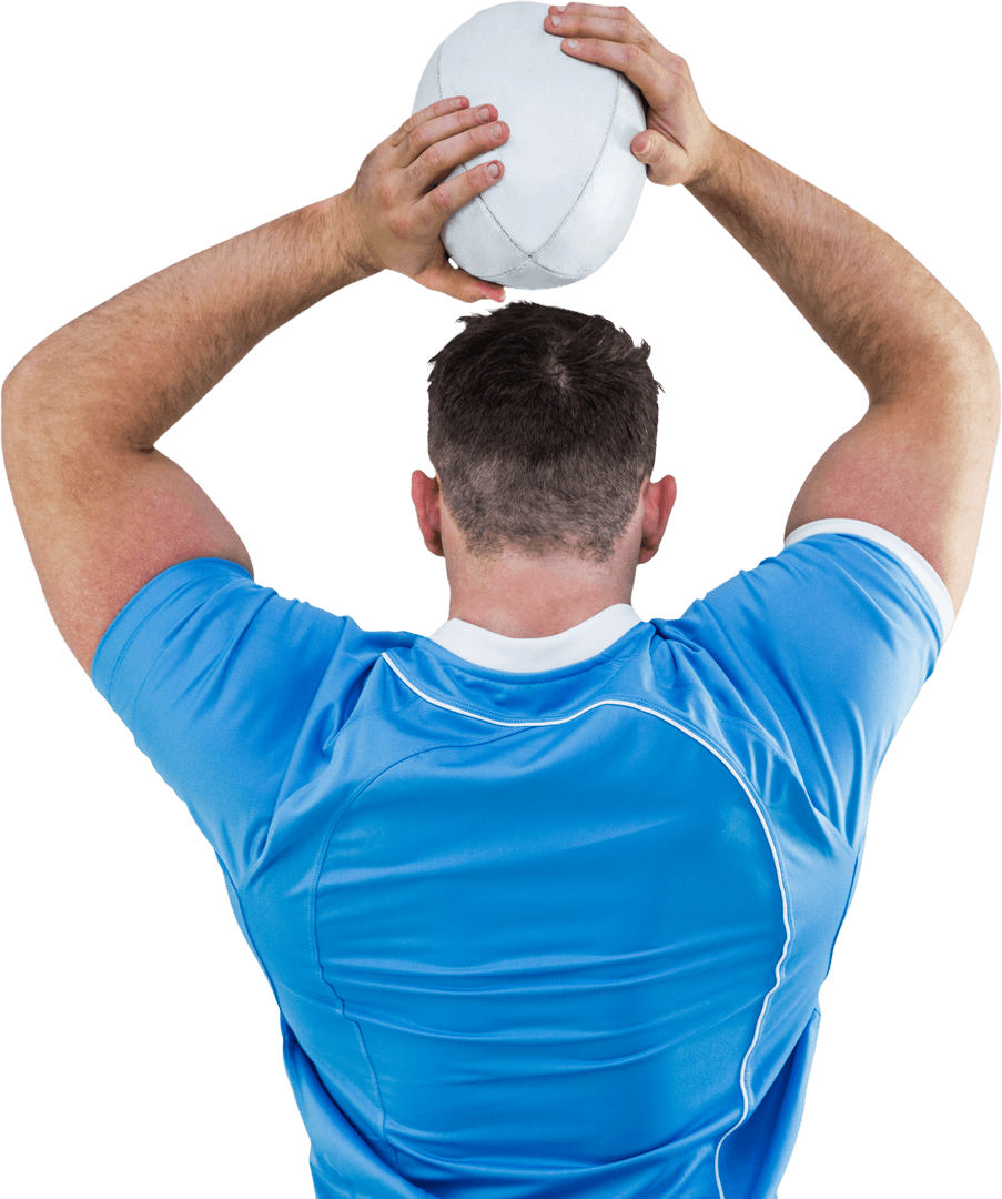 Back View of Rugby Player Throwing Ball on Transparent Background