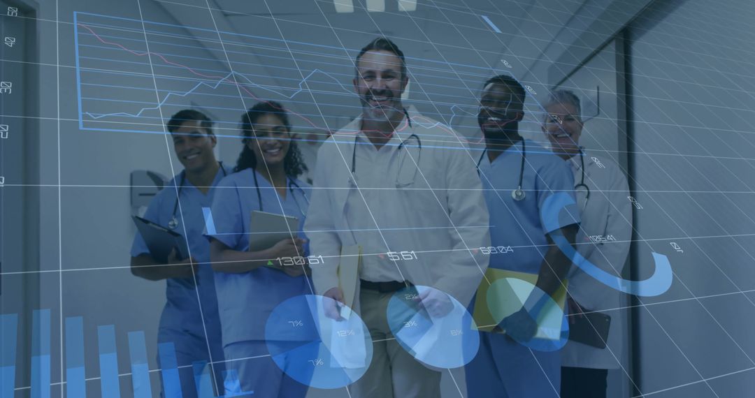 Healthcare Team with Data Overlay Reflecting Innovation and Technology