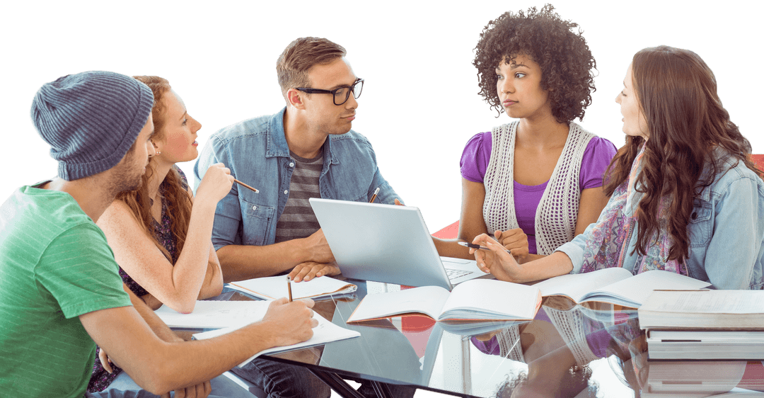 Transparent Group of Diverse Students Collaborating on Laptop