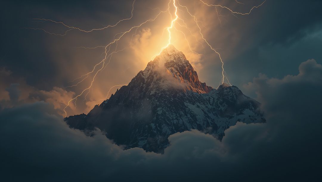 Thunderous Lightning Striking Majestic Mountain Summit at Dusk